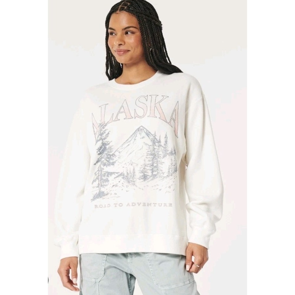 Hollister Alaska Women Pullover Crewneck Oversized Sweater S White Lounge Comfy